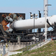 A photo of the Relativity Space rocket on the way to the launch pad.